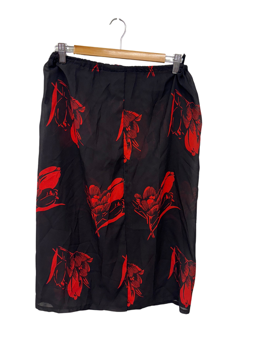 Vintage Black & Red Floral Print Sheer Midi Skirt