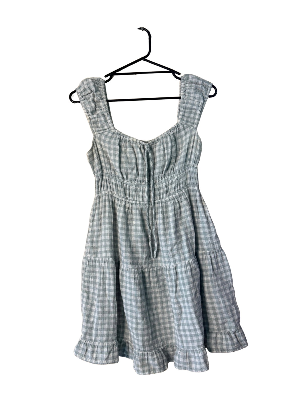 Light Green & White Check Short Puffy Sleeve Tiered Dress