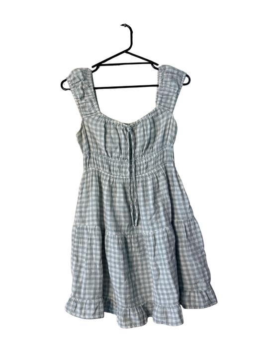 Light Green & White Check Short Puffy Sleeve Tiered Dress