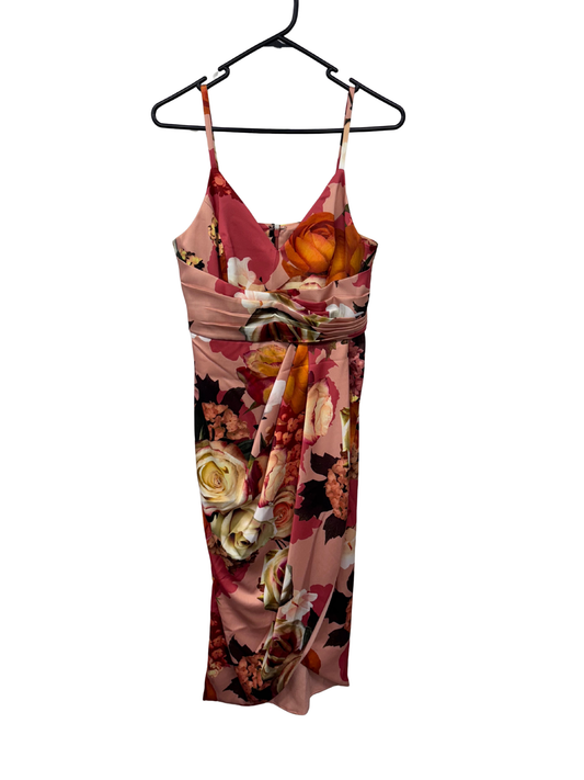 Pink & Orange Floral Strappy Ruched Midi Dress