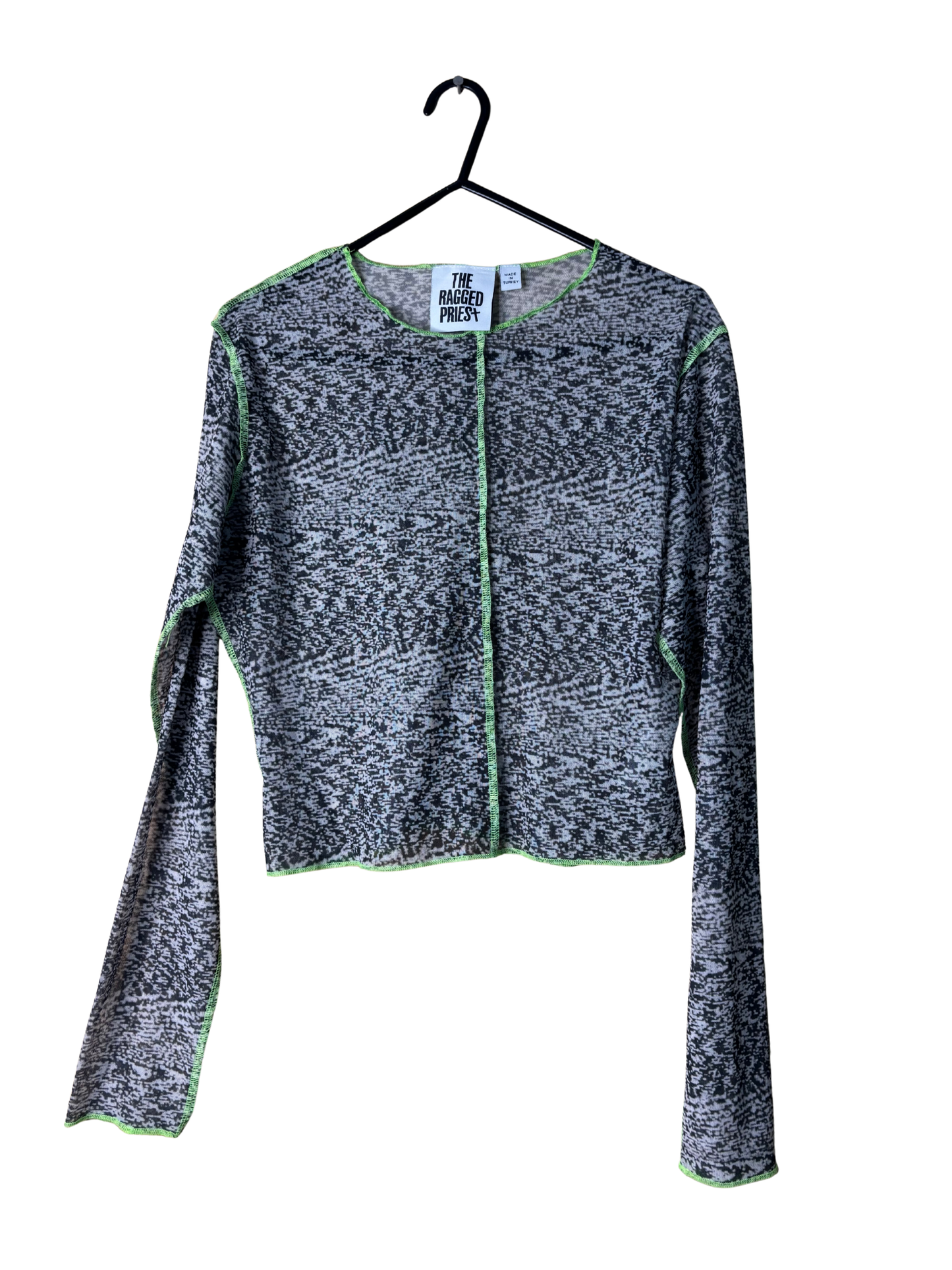 Black & White Static Print Sheer Mesh Long Sleeve Top with Green Stitching