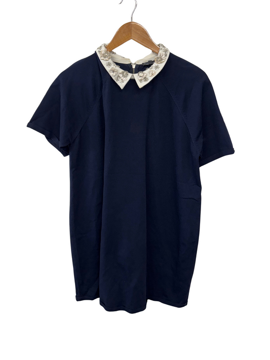 Dark Blue Knit Short Sleeve Dress with White Embellished Collar