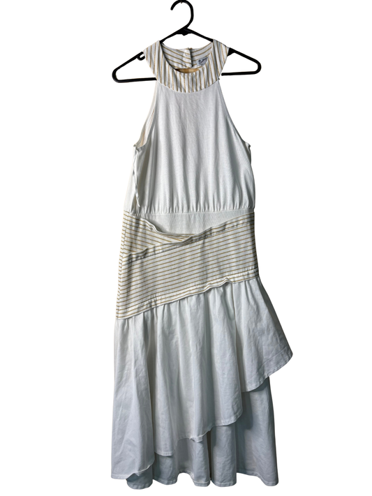 Vintage White & Gold Sleeveless Drop Waist Midi Dress