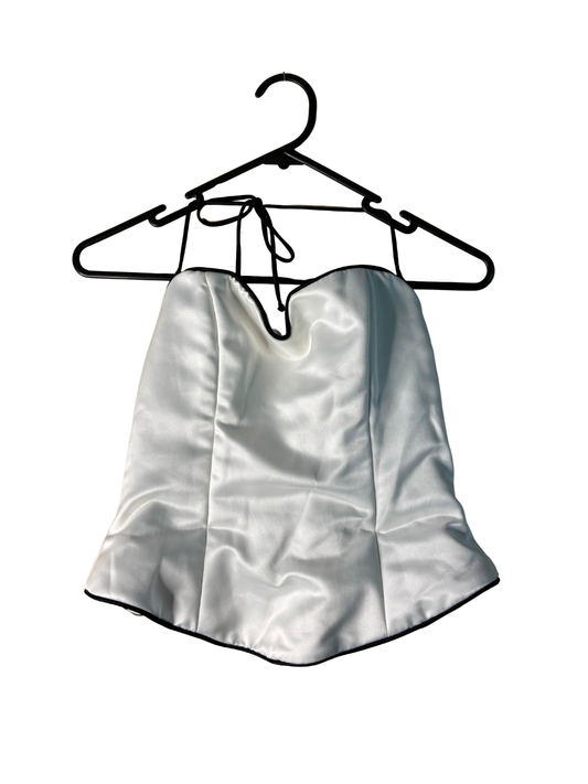 Vintage White Halter Corset Top with Black Trim and Tie Back