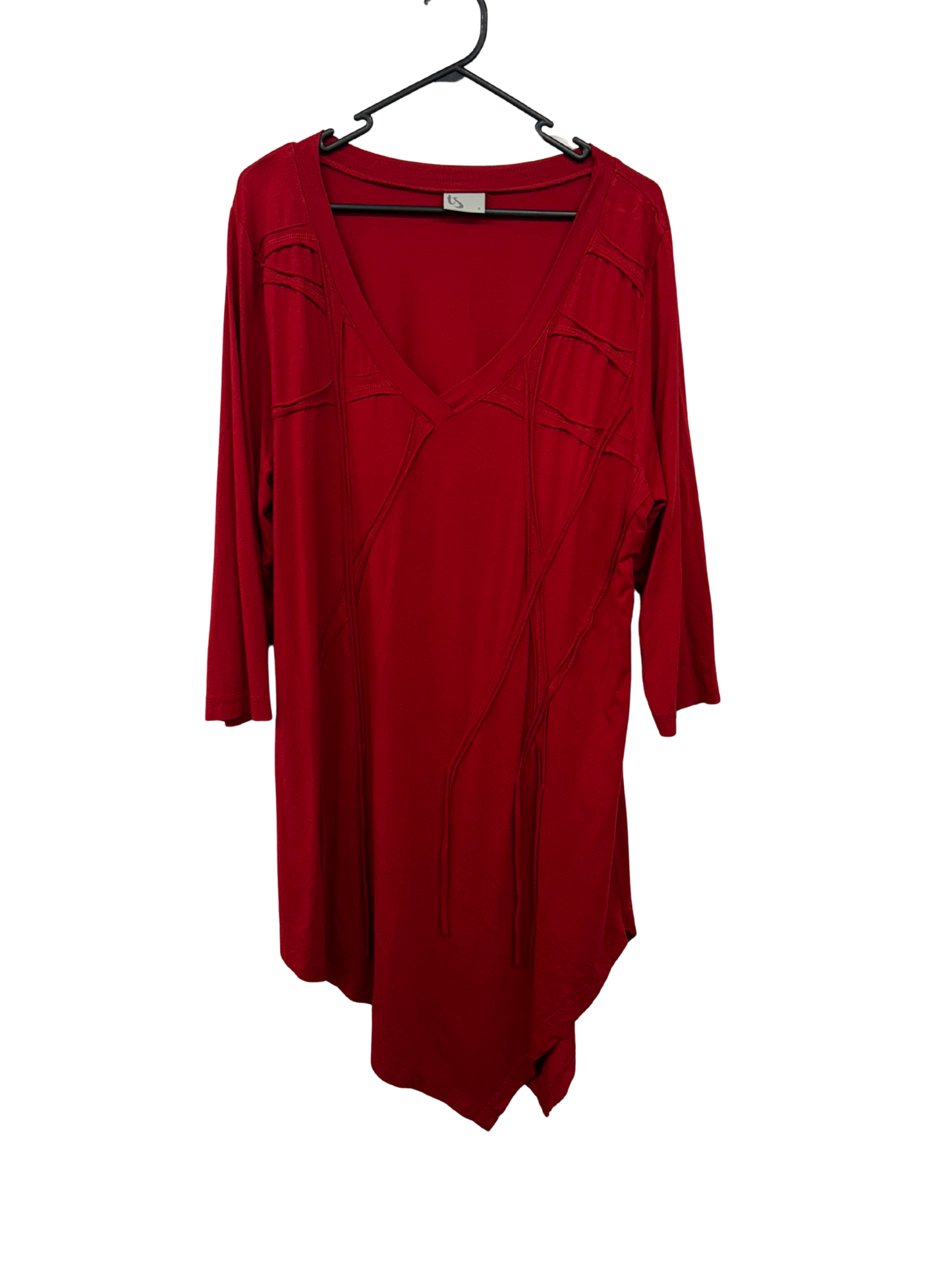 Red Textured Long Sleeve Midi Dress