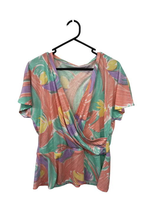 Vintage Pink, Purple, Green Cap Sleeve Faux Wrap Top