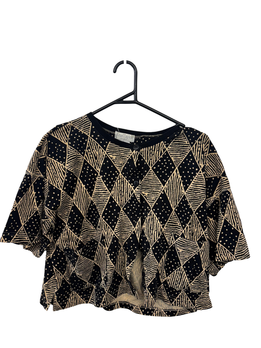 Vintage Black & Beige Pattern Short Sleeve Button Up Top
