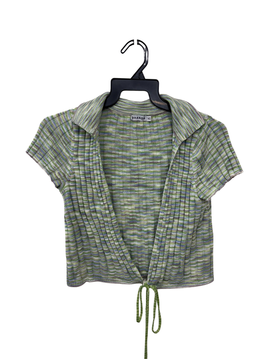 Green, Purple, White Rib Knit Short Sleeve Wrap Top