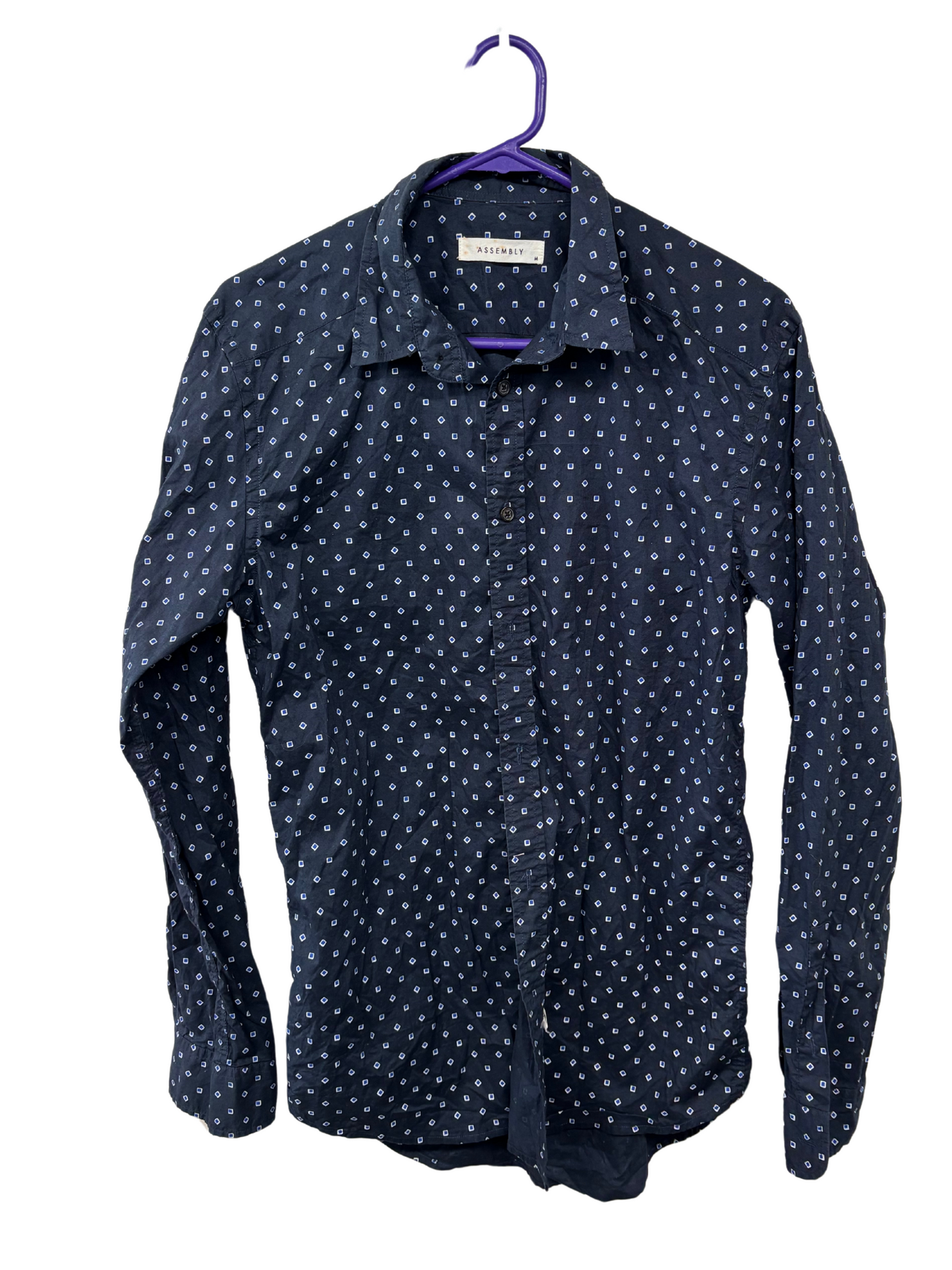 Dark Blue Diamond Pattern Long Sleeve Slim Fit Button Up Shirt