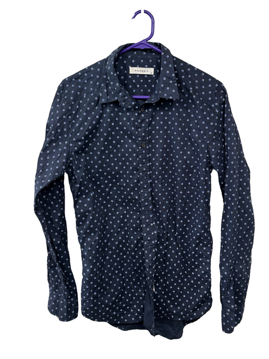 Dark Blue Diamond Pattern Long Sleeve Slim Fit Button Up Shirt