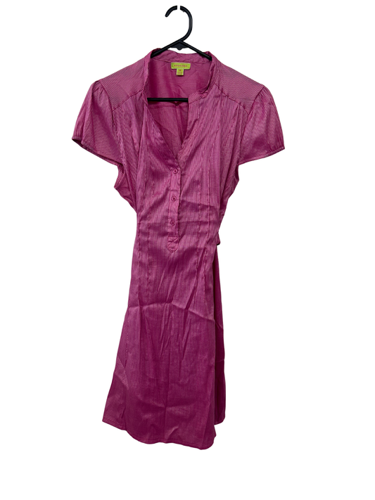 Pink/Silver Striped Cap Sleeve Button Up Midi Dress with Back Tie