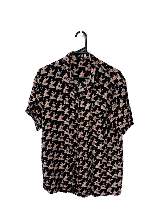 Black & Pink Flamingo Print Short Sleeve Button Up Shirt