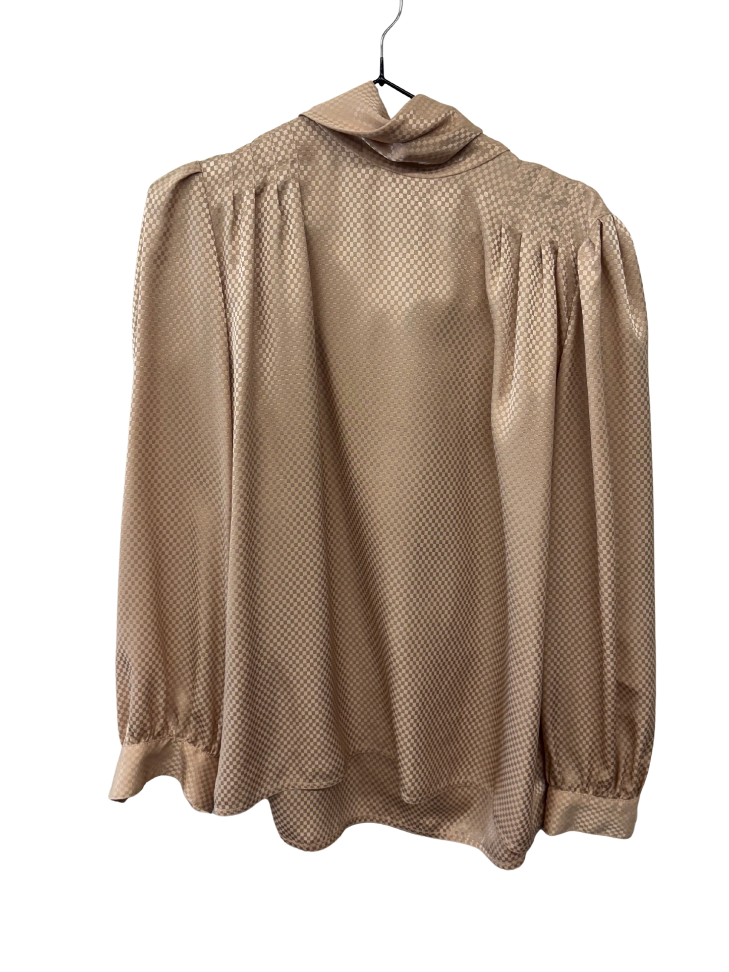 Vintage Beige Check Long Sleeve Tie Neck Top