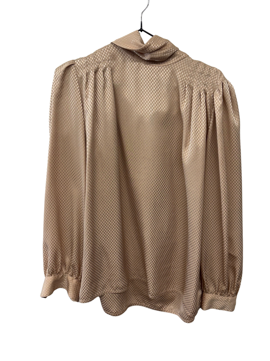Vintage Beige Check Long Sleeve Tie Neck Top