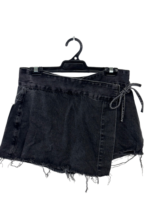 Black Washed Denim Shorts with Front Wrap Panel