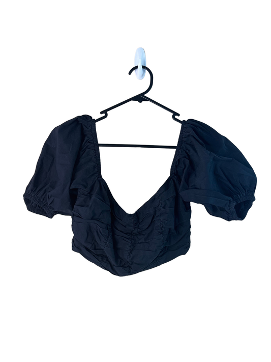 Black Cropped Puffy Short Sleeve Ruched Top