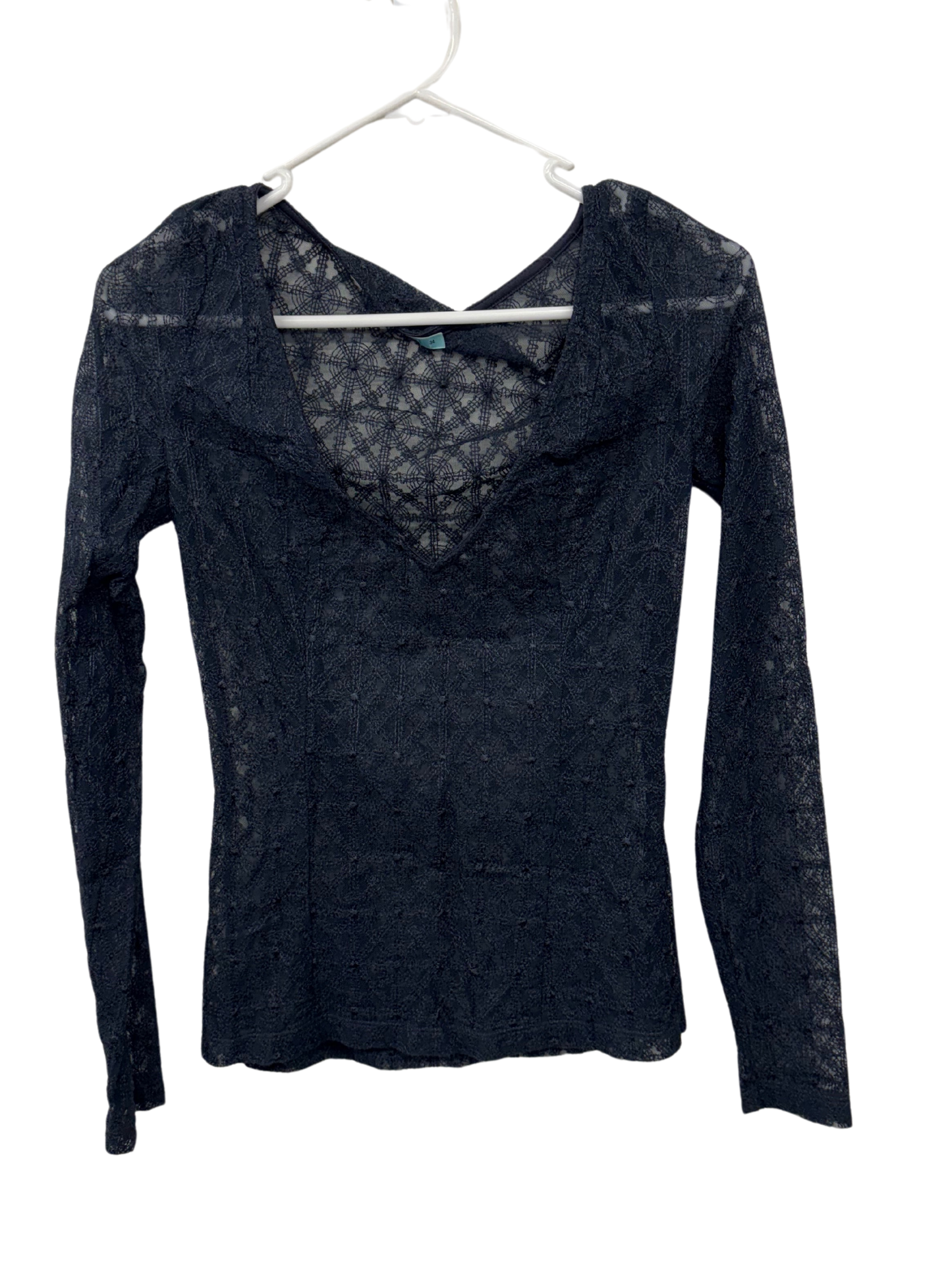 Dark Green Sheer Embroidered Mesh Long Sleeve V Neck Top