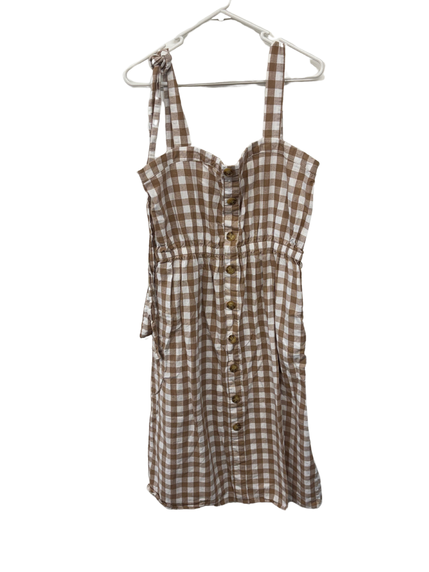 Beige & White Check Strappy Tie Midi Button Up Dress