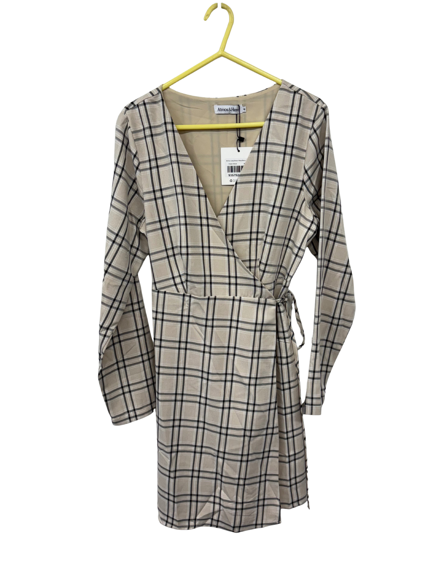 Cream & Black Check Long Sleeve Short Wrap Dress