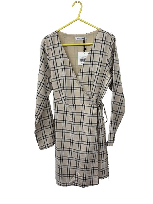 Cream & Black Check Long Sleeve Short Wrap Dress