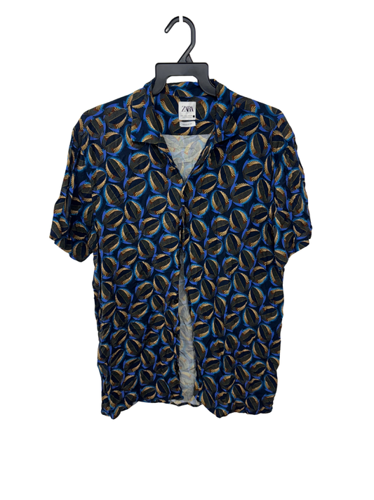 Blue, Black, Cream Print Short Sleeve Button Up Shirt