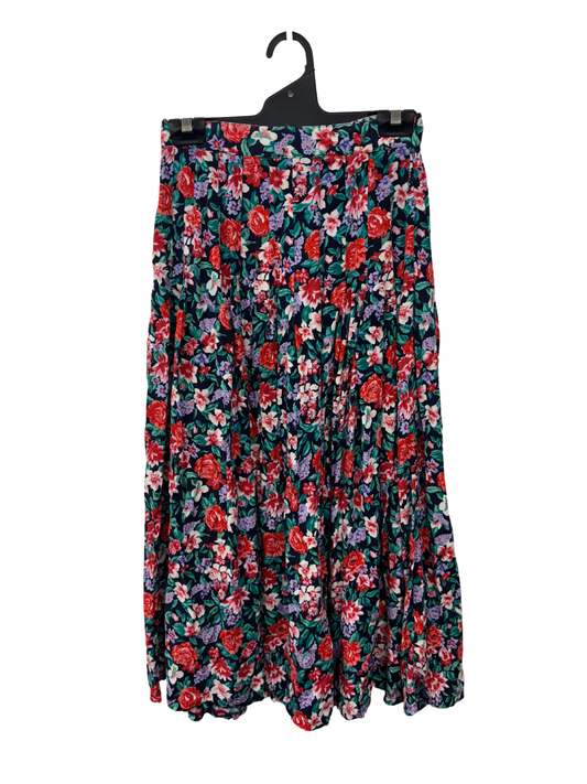 Vintage Black, Cream, Red Floral Print Pleated Midi Skirt