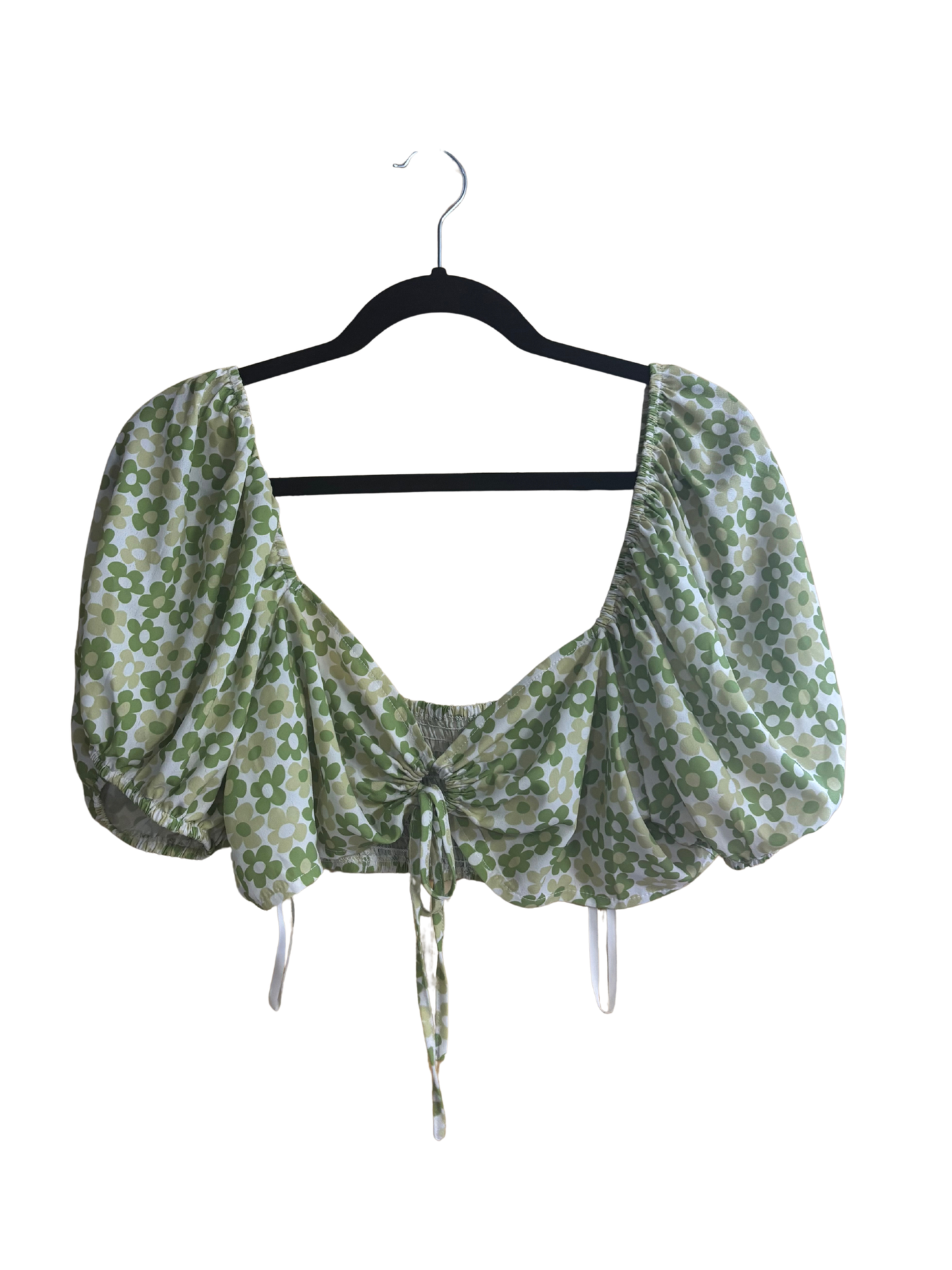 Green & White Floral Print Short Puff Sleeve Crop Top