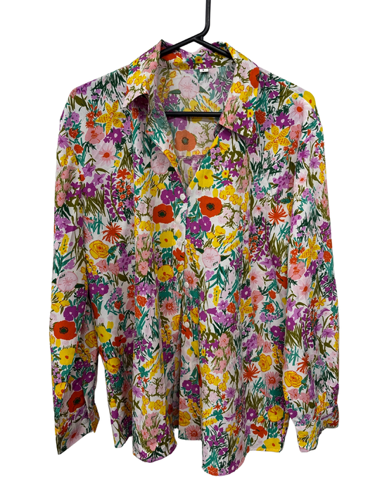 White, Yellow, Pink Floral Long Sleeve Button Up Shirt