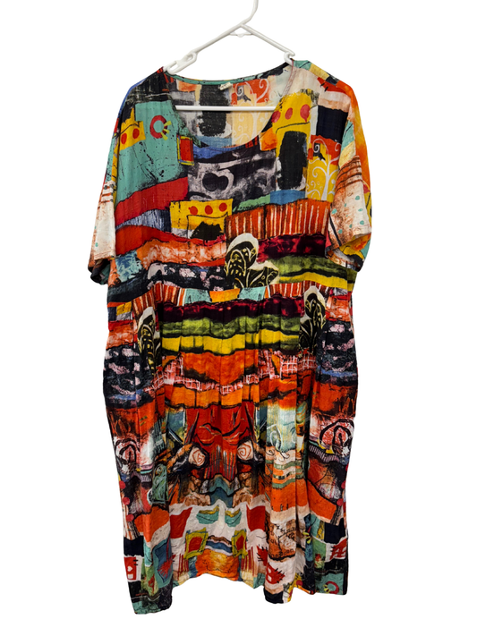 Red, Black, White, Yellow Print Short Sleeve Midi Dress