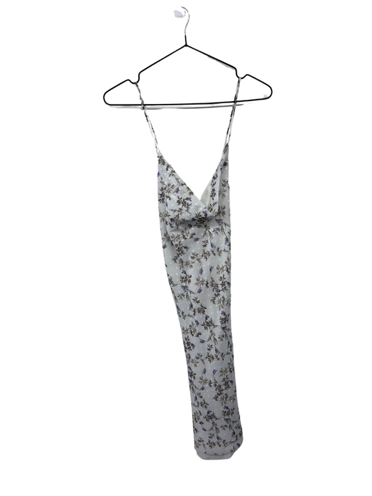 White Semi-Sheer Strappy Cross Back Cowl Neck Dress with Purple Floral Pattern