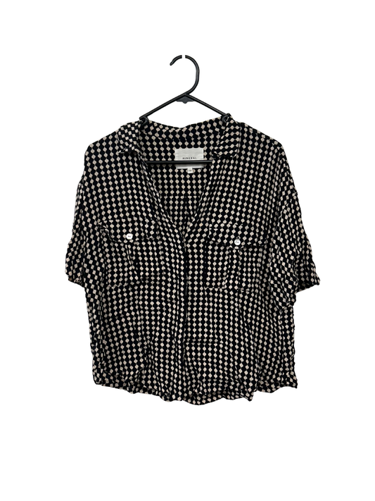 Black & Cream Short Sleeve Cropped Button Up Shirt