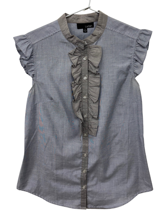 Light Blue & Grey Button Up Cap Ruffle Sleeve Top