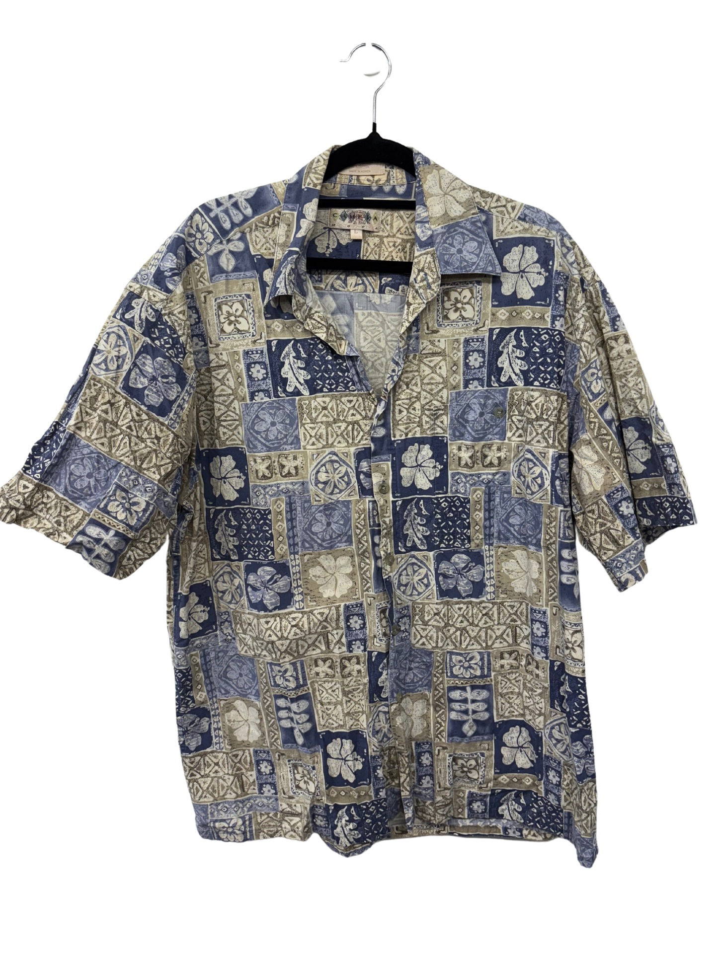 90s Blue, Cream & Beige Tropical Print Short Sleeve Button Up Shirt