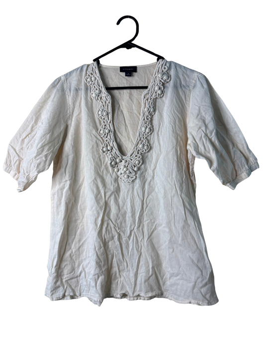 Cream Half Sleeve Top with Weaving Detail