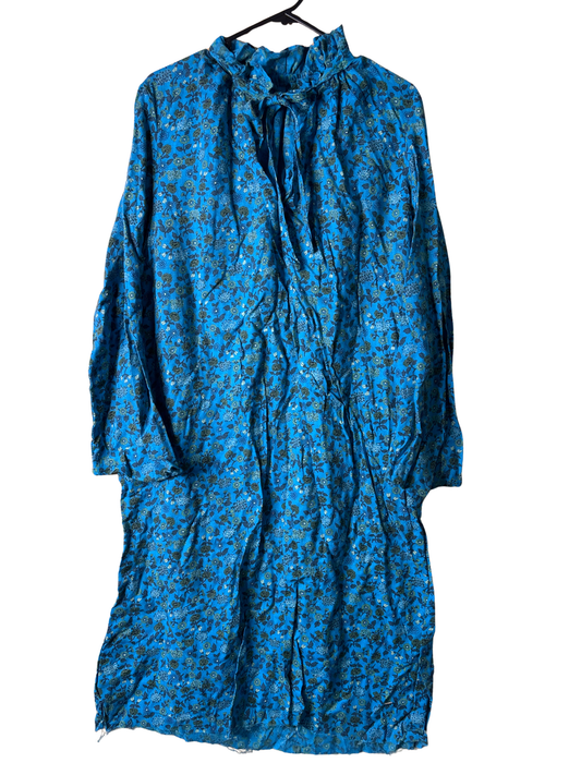 Vintage Blue, Green, Black Floral Long Sleeve Tie Neck Midi Dress