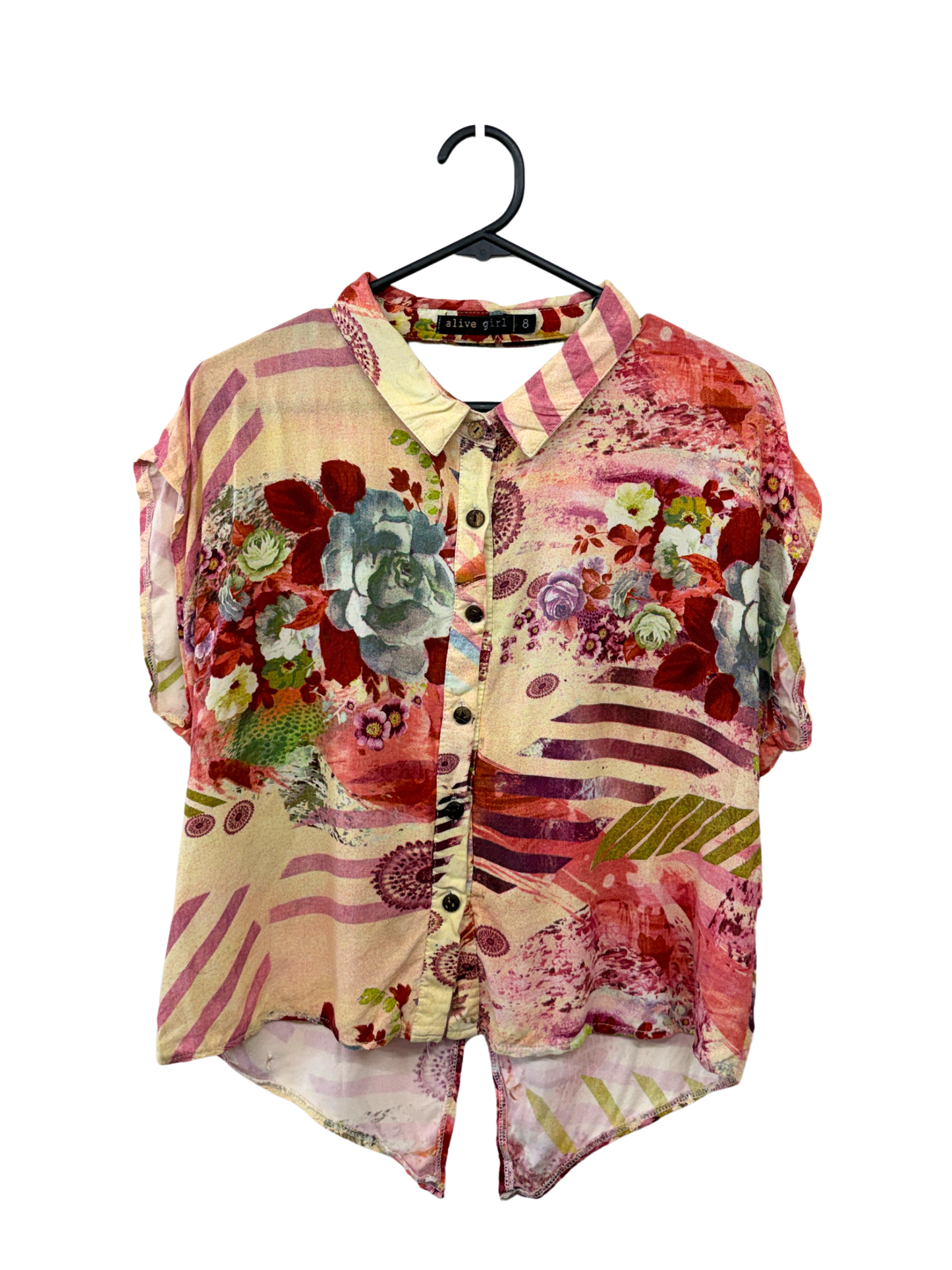 Beige, Pink & Multicolour Floral Sleeveless Collared Tank with Back Cut-Out