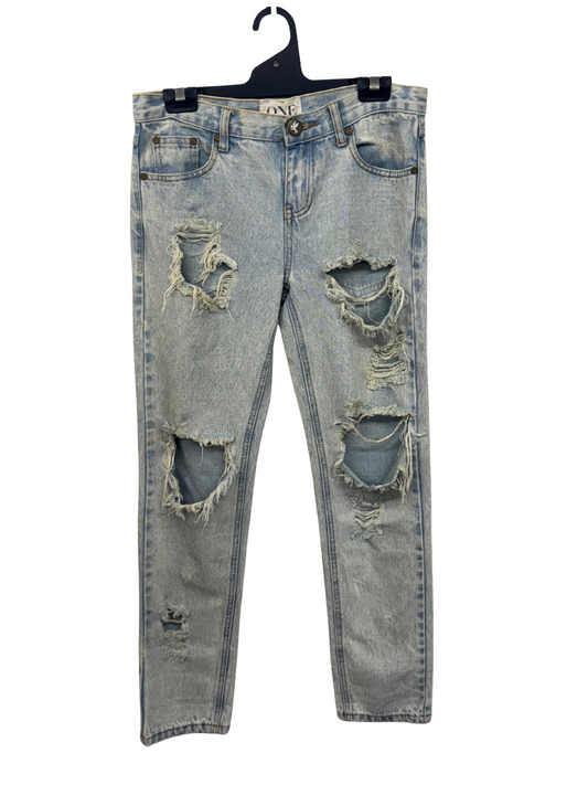 Light Blue Distressed Low Rise Tapered Jeans