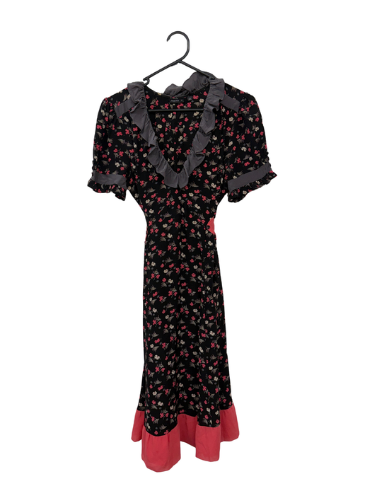 Black & Pink Floral Half Sleeve Midi Dress with Ruffle Collar