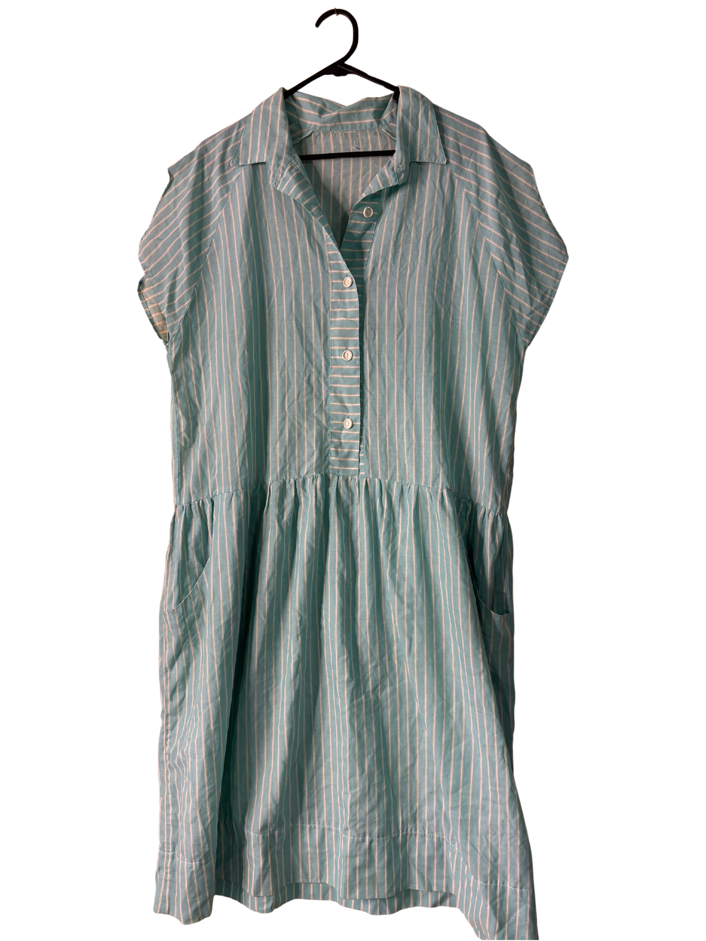 Vintage Turquoise Blue/Green & White Stripe Midi Short Sleeve Dress