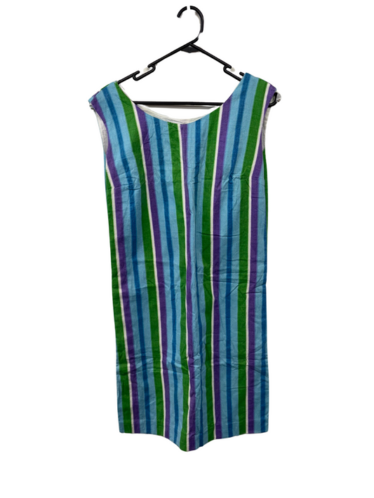 Vintage White, Purple, Blue, Green Stripe Sleeveless Knee Length Shift Dress