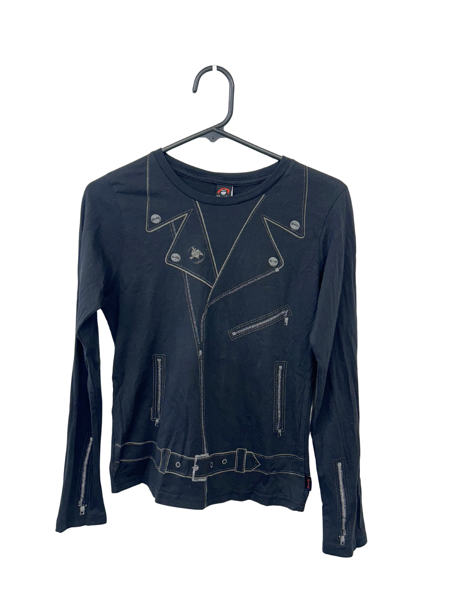 00s Black Long Sleeve Top with Leather Jacket Graphic