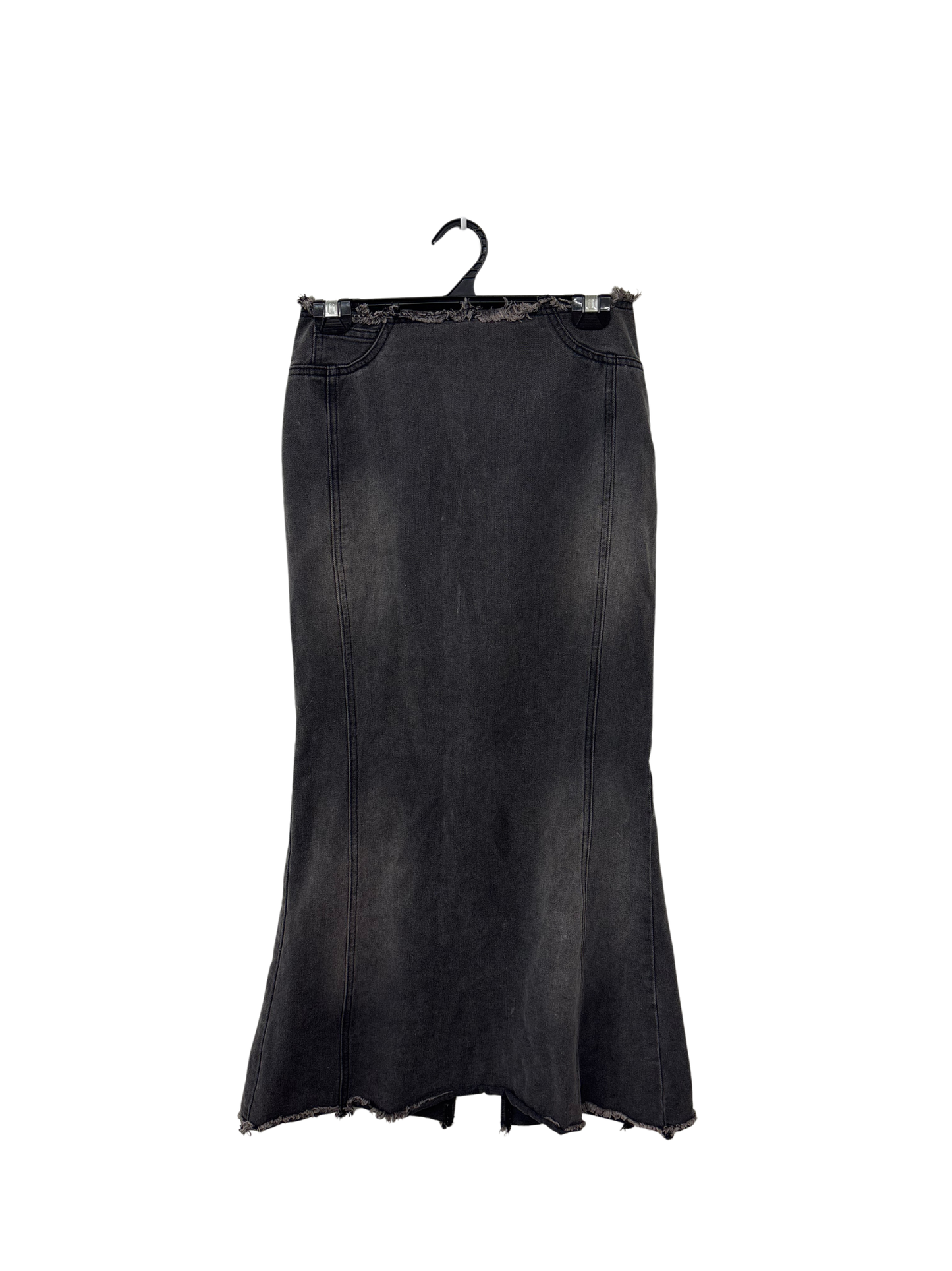 Washed Black Maxi Denim Skirt with Frayed Hem