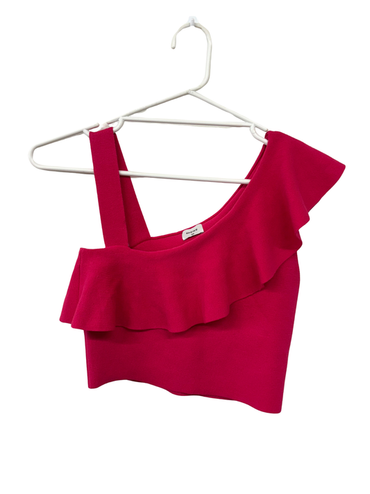 Pink One Shoulder Thin Strap Crop with Ruffle Neckline