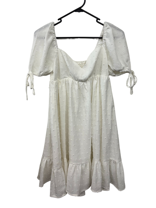 White Textured Short Sleeve Short Dress
