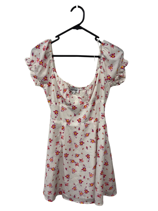 White, Pink Floral Short Puffy Sleeve Dress