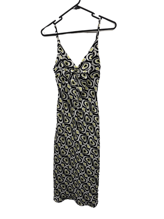 Black, White & Yellow Heart Print Strappy Midi Dress