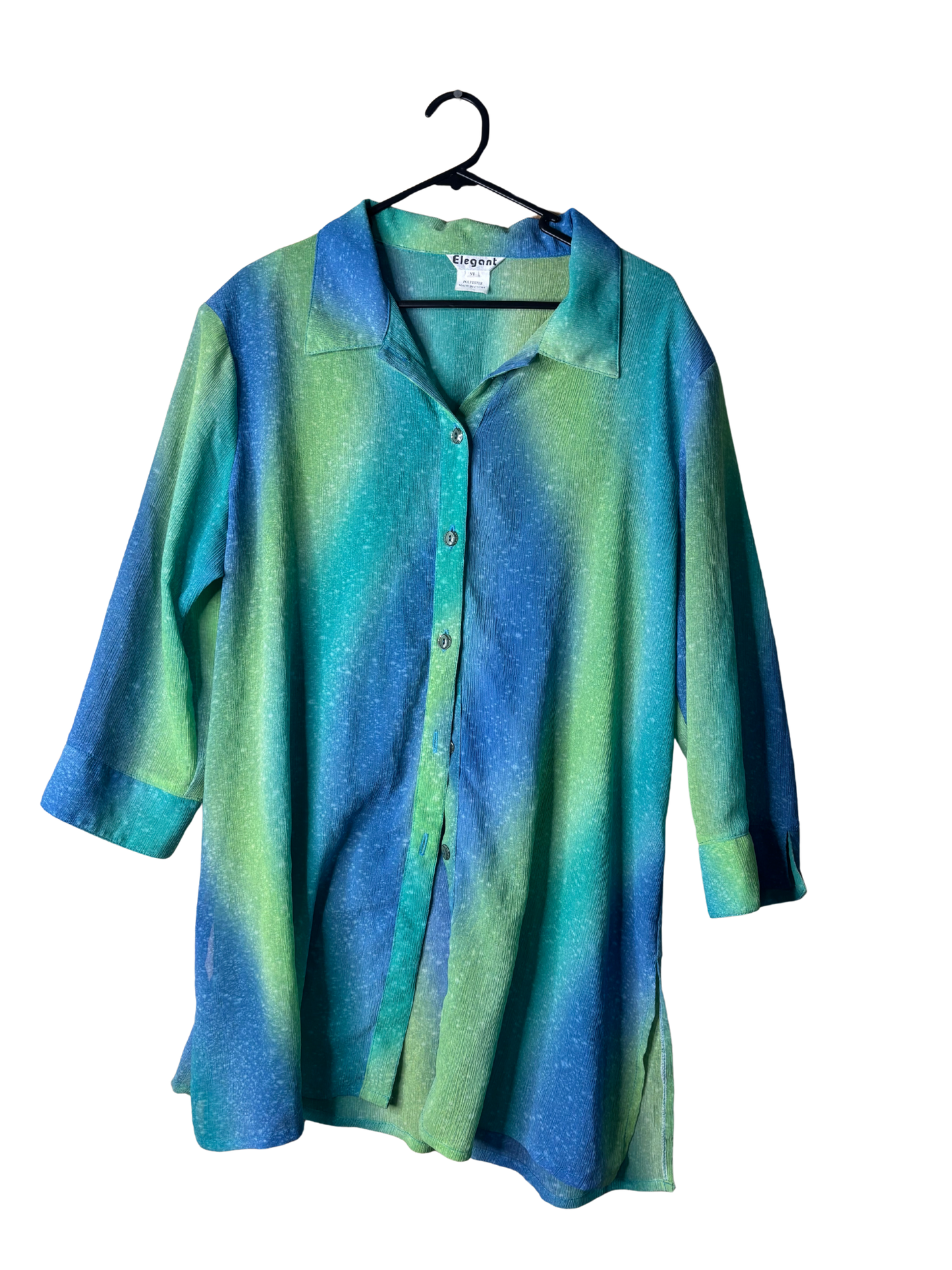 Vintage Blue & Green 3/4 Sleeve Semi-Sheer Button Up Shirt