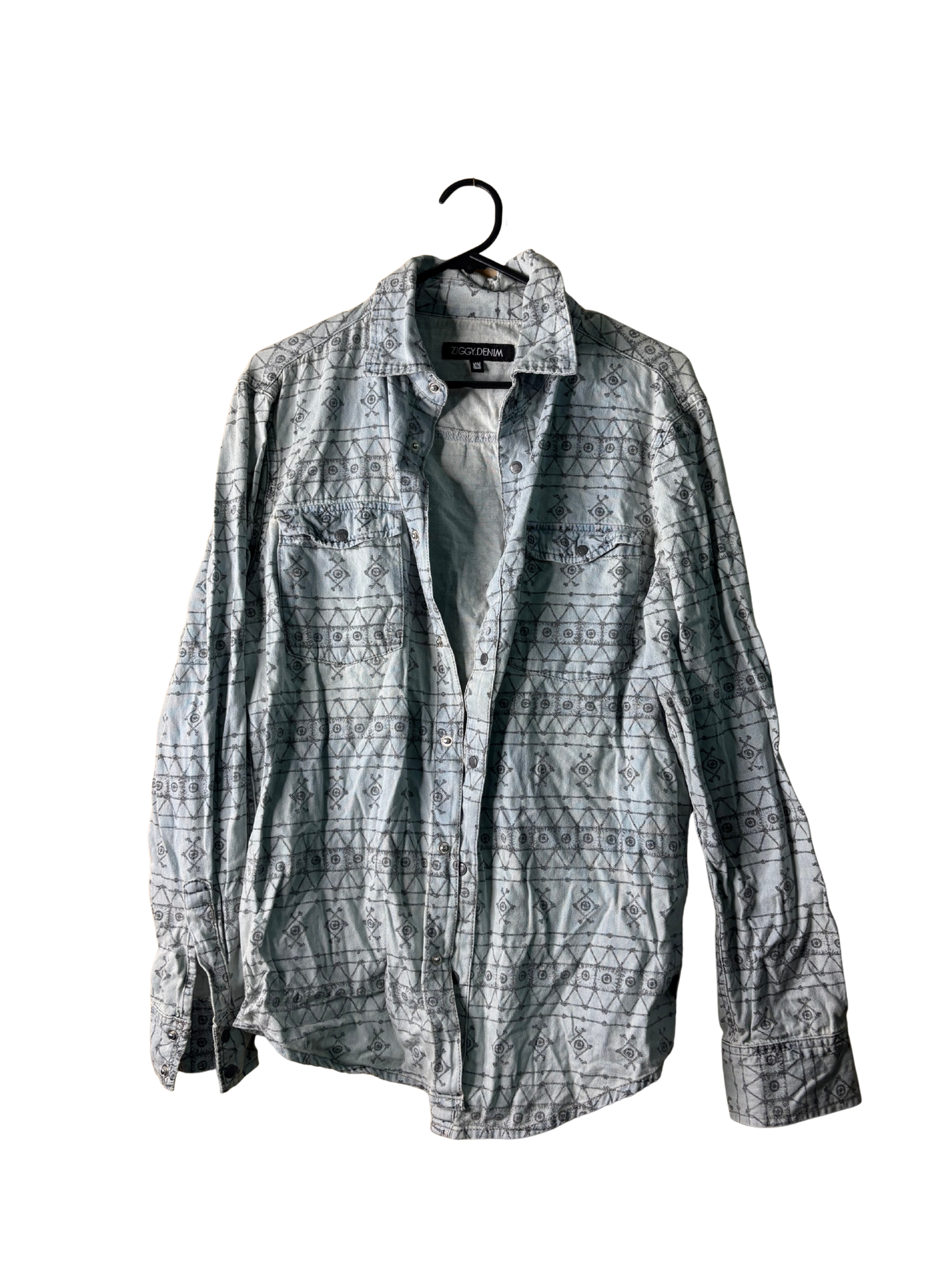 Light Blue Denim Chambray Button Up Shirt with Black Pattern
