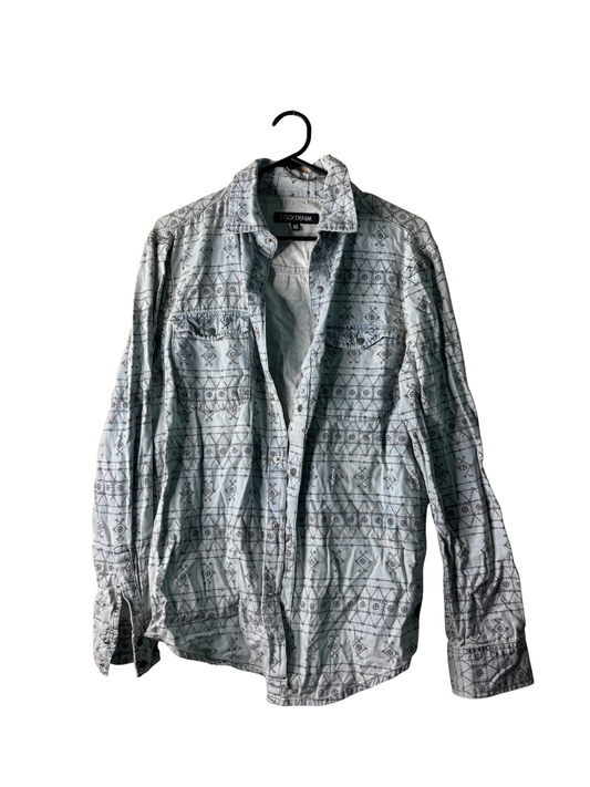 Light Blue Denim Chambray Button Up Shirt with Black Pattern