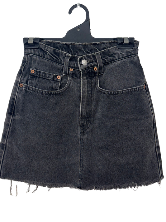 Faded Black Raw Hem Denim Short Skirt